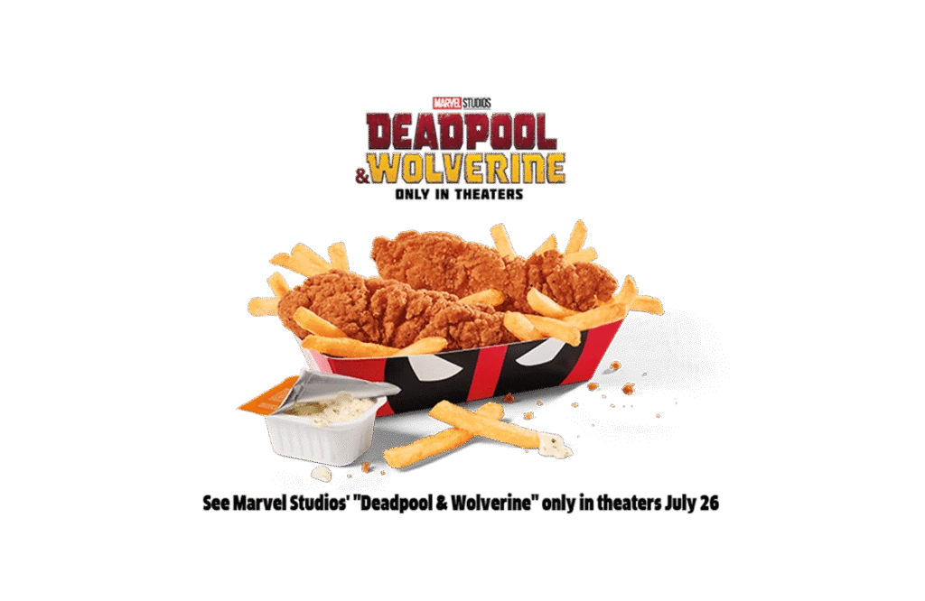 A promotional image for the movie featuring a snack box with spicy chicken strips and fries, alongside a dipping sauce. The box is styled with vibrant red and black colors with the movie logo 'Deadpool & Wolverine' displayed prominently. Text on the image announces the film's release date.