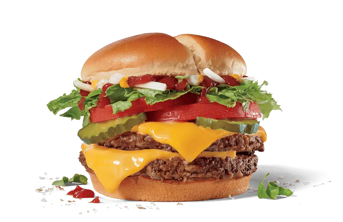 Image of a Double Jack Cheeseburger, featuring two beef patties with melted cheese, topped with fresh lettuce, sliced tomatoes, pickles, onions, and condiments, all enclosed in a lightly toasted bun.