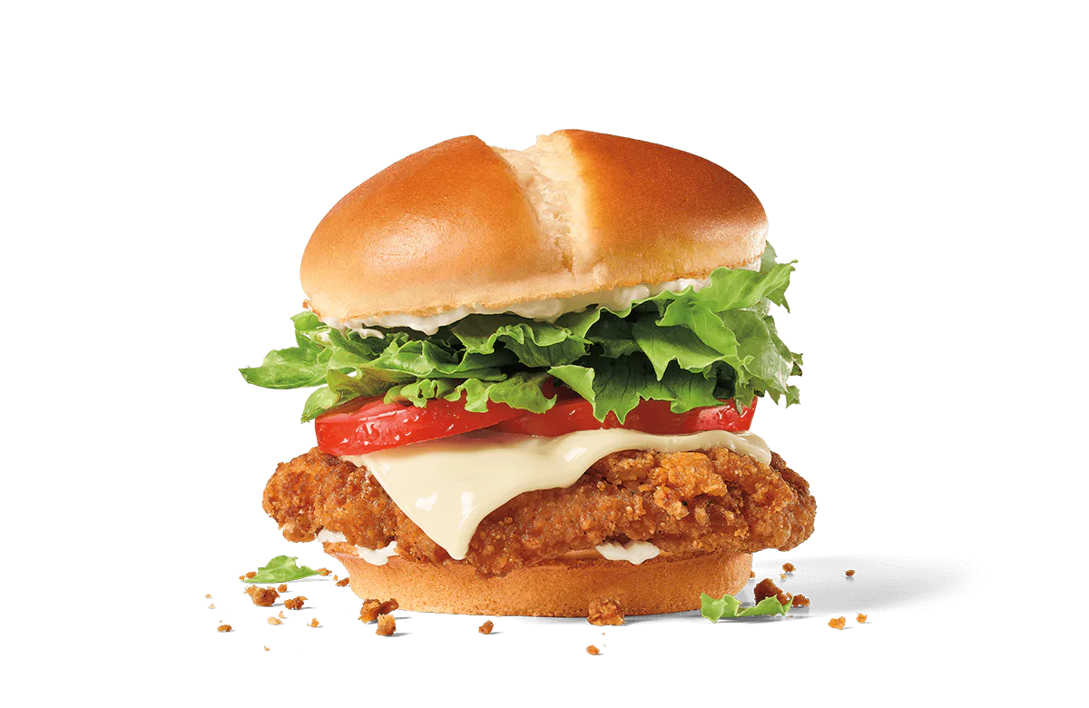 A delectable spicy chicken sandwich featuring a crispy chicken patty topped with a slice of melting cheese, fresh lettuce, and ripe tomato slices, all held together by a toasted golden bun, on a transparent background.