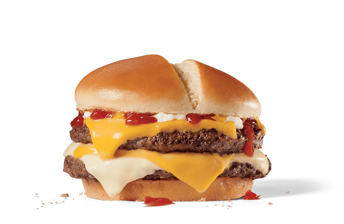 Image of an Ultimate Cheeseburger Deluxe with a double layer of beef patties, multiple slices of melted American cheese, crispy bacon, and generous dollops of ketchup and mayonnaise, served on a toasted bun.
