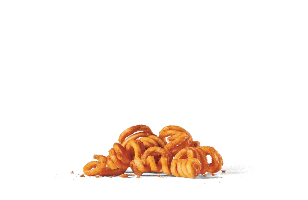 A pile of crispy curly fries with a golden-brown color, seasoned with a light sprinkling of spices, served on transparent background.