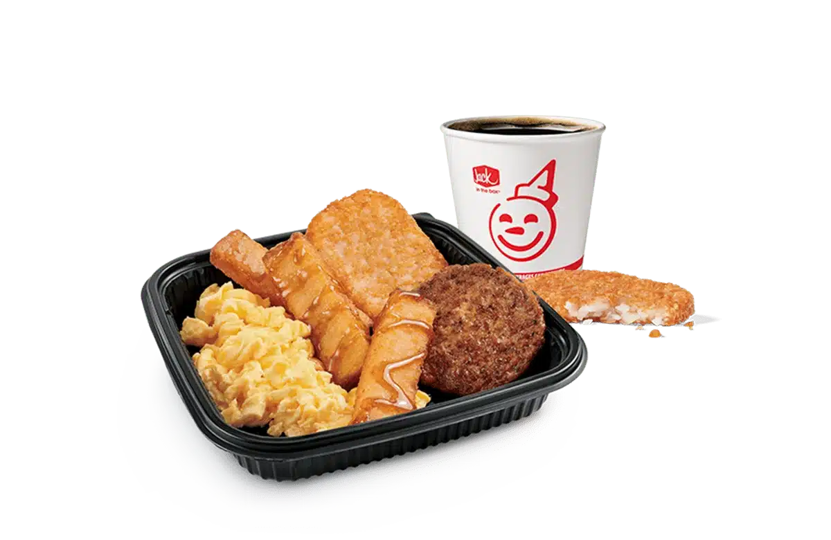Image of a 3-piece Classic French Toast Sticks platter from Jack in the Box, complete with sausage, scrambled eggs, and a cup of hot coffee. This hearty breakfast combination is neatly served in a black tray, set against a transparent background with the smiling Jack in the Box logo.