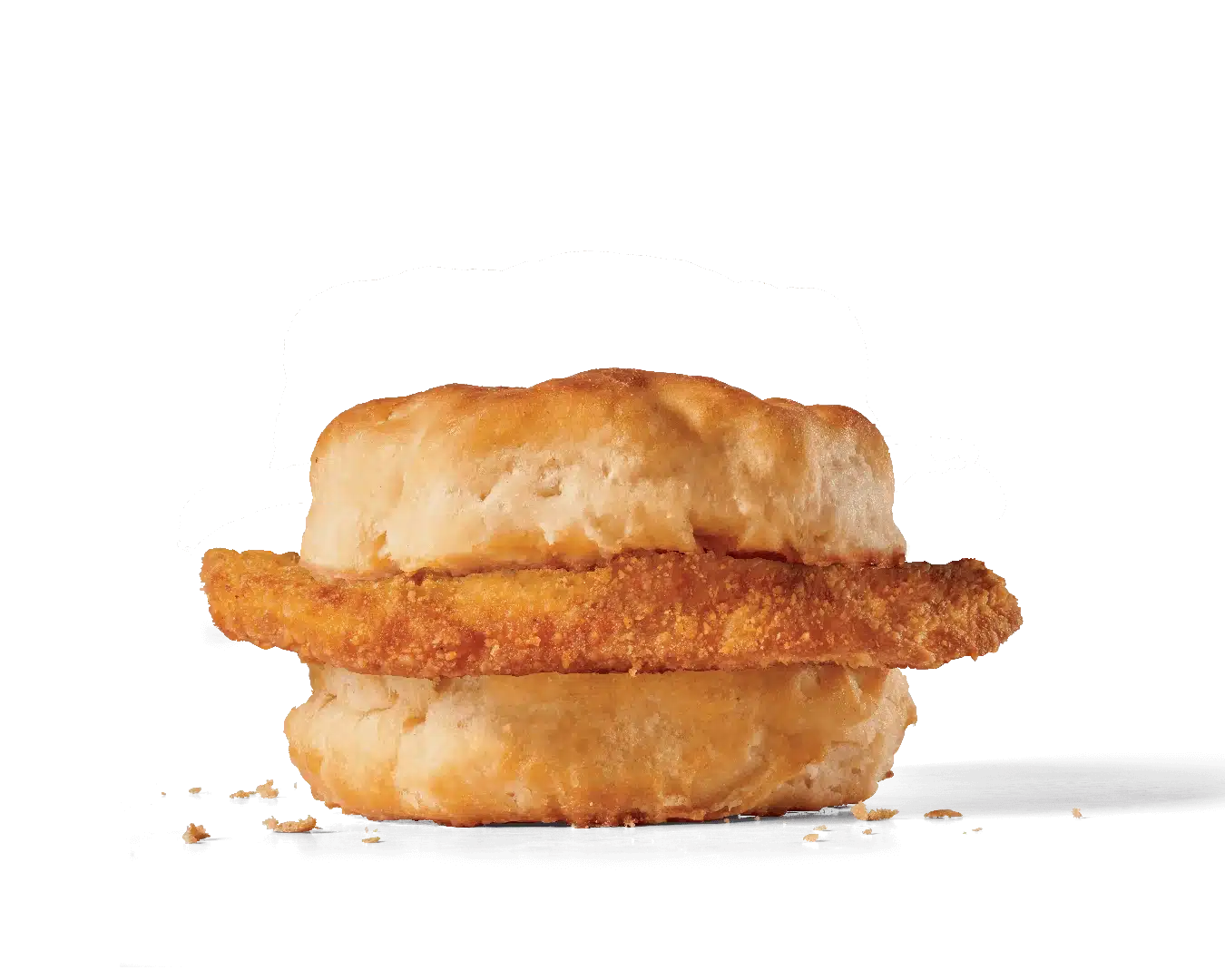 Image of a Chicken Biscuit featuring a crispy chicken fillet with a golden breading, placed within a soft, lightly browned biscuit, with a few crumbs visible around the sandwich, highlighting the crunchiness of the chicken.