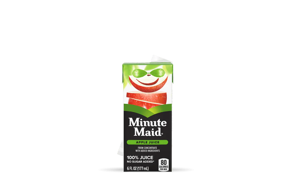 A 6 fl oz (177 mL) carton of Minute Maid® Apple Juice, featuring vibrant red apple slices and a green leaf design on the packaging. The label highlights "100% Juice" with "No Sugar Added" and notes that it contains 80 calories per box. The packaging design is clean and inviting, with the Minute Maid® logo prominently displayed.
