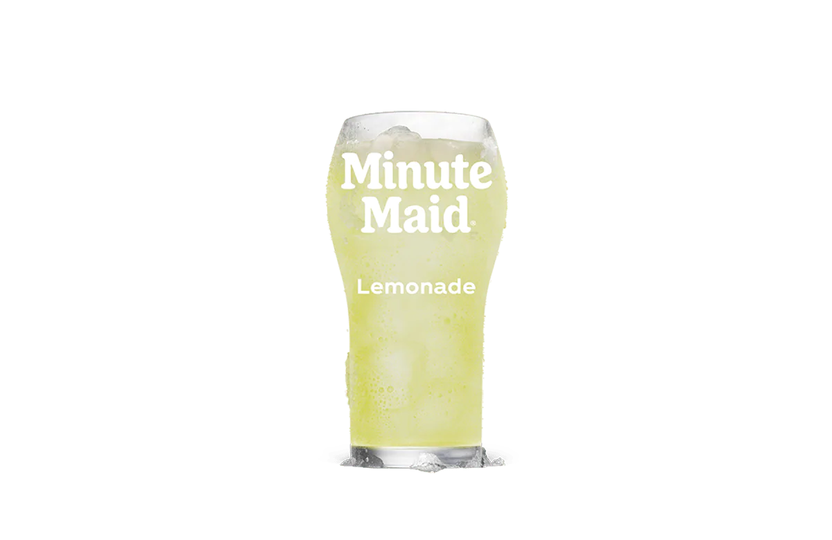 A refreshing glass of Minute Maid® Lemonade, filled with ice cubes and showcasing a pale yellow hue, highlighting the classic citrus beverage's chilled and thirst-quenching appeal.