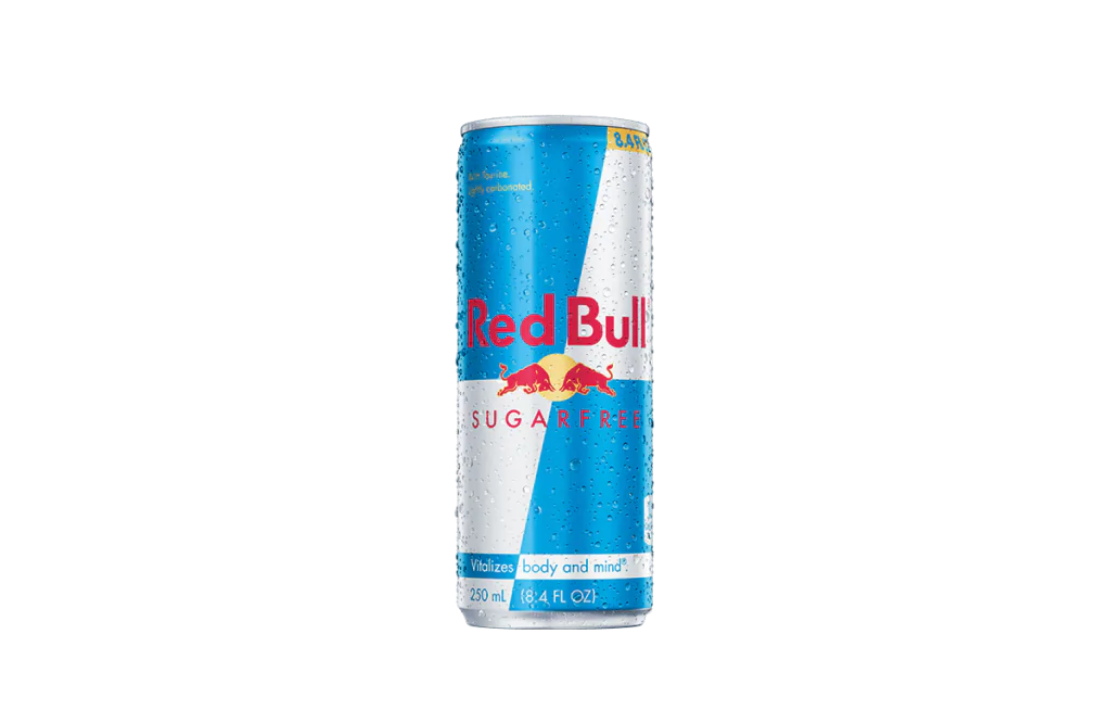 A single 8.4 fl oz (250 mL) can of Red Bull® Sugarfree Energy Drink, featuring its signature blue and silver design with the Red Bull logo and "Sugarfree" text in red, lightly covered in condensation for a chilled appearance.