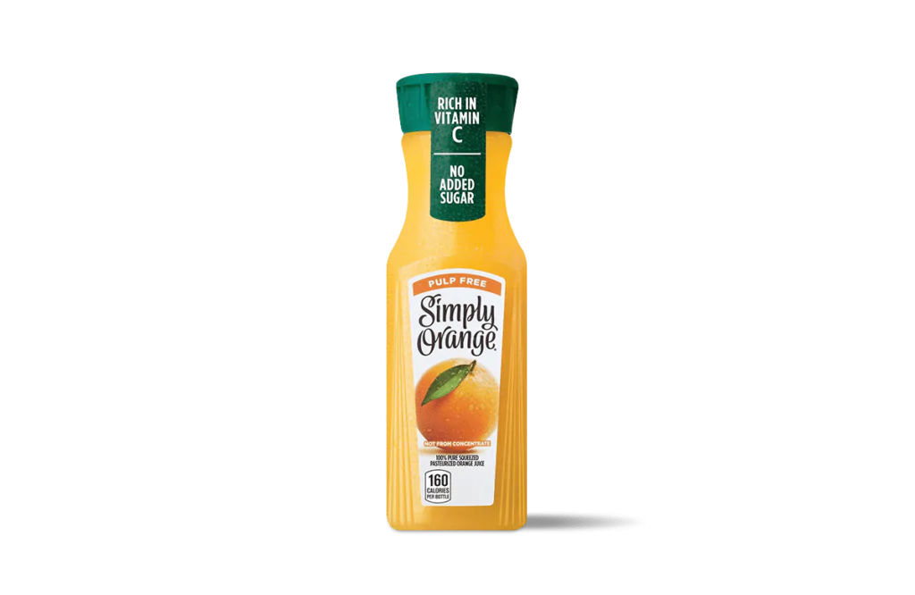 A bottle of Simply Orange® Pulp-Free Orange Juice with a green cap that highlights "Rich in Vitamin C" and "No Added Sugar." The label features an image of a fresh orange with a green leaf and emphasizes "Not From Concentrate." The bottle contains 160 calories per serving, as indicated on the label. The packaging is sleek and vibrant, designed to convey freshness and natural flavor.