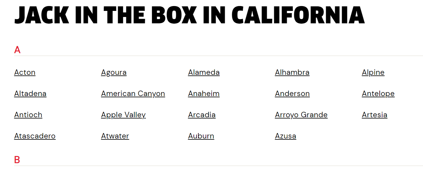 A screenshot displaying Jack in the Box restaurant locations in California, listed alphabetically by city. Cities under the letter "A" include Acton, Agoura, Alameda, Alhambra, Alpine, Altadena, and more