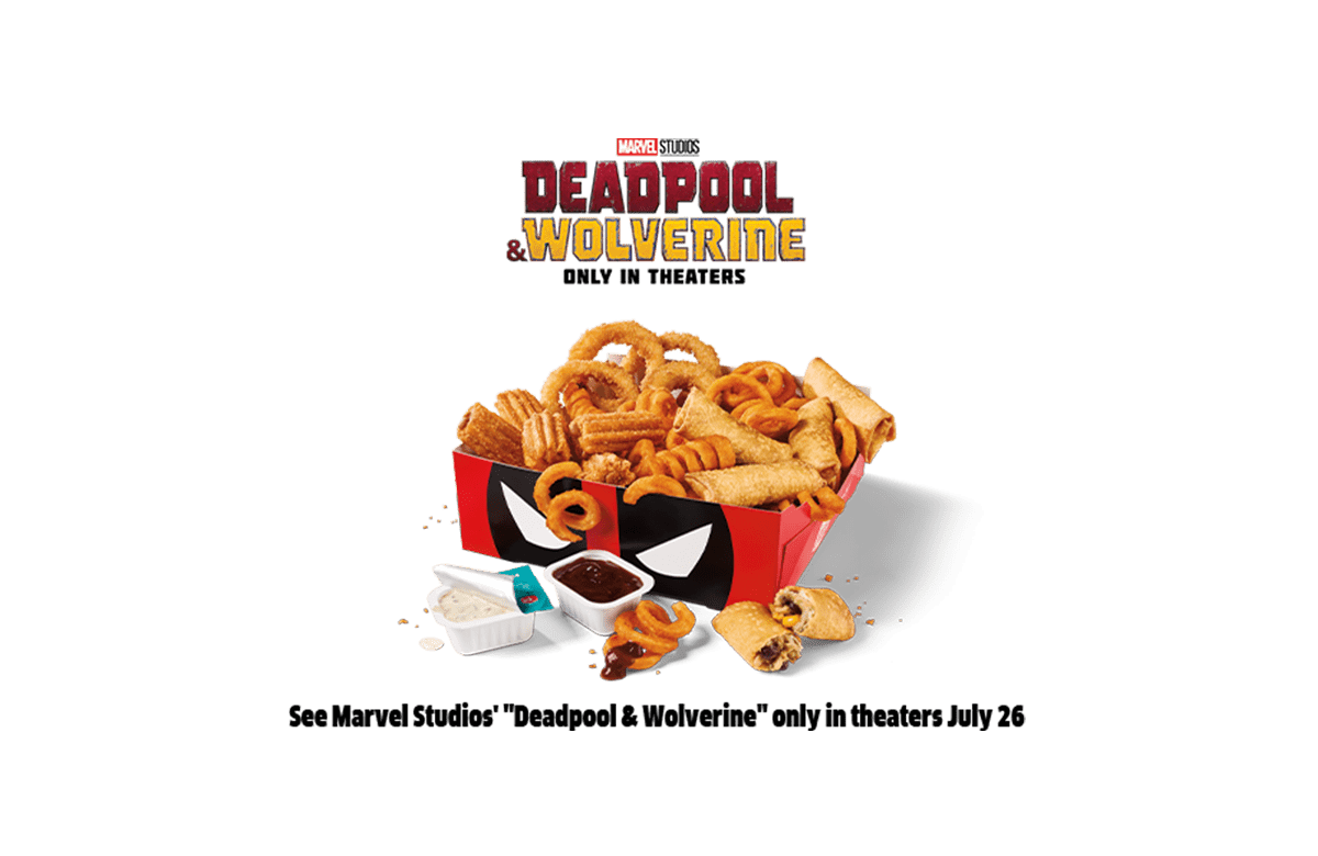 A special edition Jack's Fan Favs Box featuring curly fries, onion rings, waffle fries, and mini chimichangas, inspired by Marvel Studios' Deadpool & Wolverine. The box has Deadpool-themed packaging and includes dipping sauces. Movie release date: July 26.