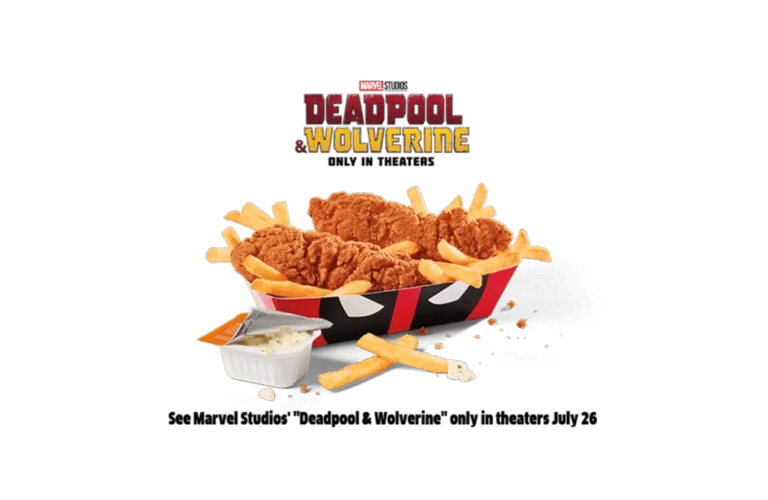 A promotional image for the movie featuring a snack box with spicy chicken strips and fries, alongside a dipping sauce. The box is styled with vibrant red and black colors with the movie logo 'Deadpool & Wolverine' displayed prominently. Text on the image announces the film's release date.