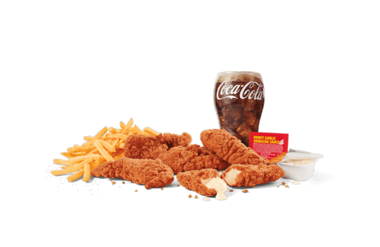 A delicious meal featuring five crispy spicy chicken strips served with a side of golden fries, a glass of Coca-Cola, and a container of honey garlic sriracha sauce, all set against transparent background.