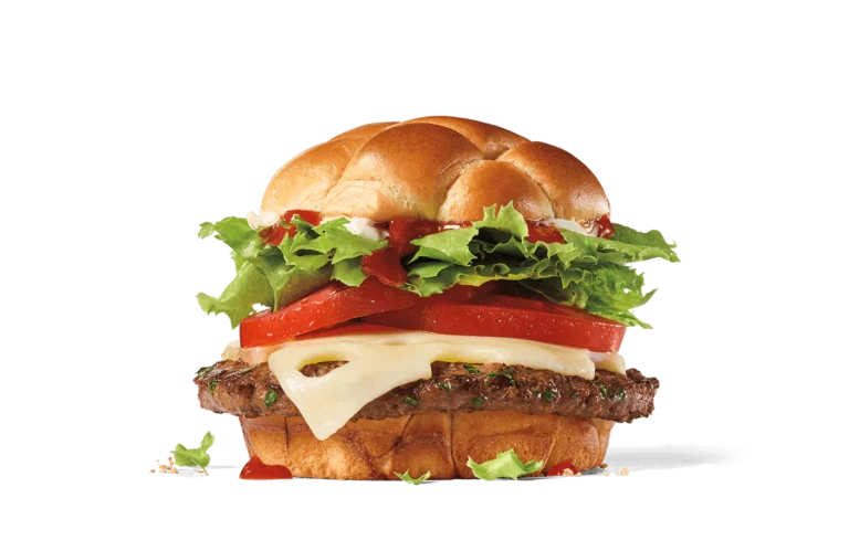 Close-up image of the Classic Buttery Jack burger featuring a toasted brioche bun, a beef patty topped with melted Swiss cheese, fresh lettuce, sliced tomatoes, and ketchup.