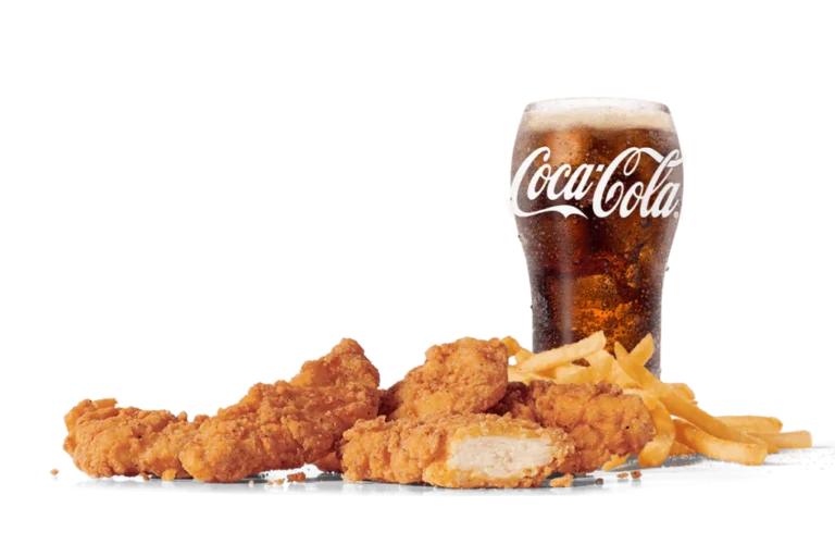 A serving of crispy chicken strips paired with golden fries and a glass of Coca-Cola, displayed on transparent background, ideal for a satisfying meal.