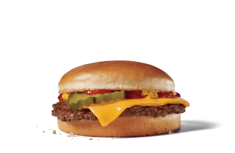 A Jr. Cheeseburger featuring a juicy beef patty topped with melted cheese, ketchup, mustard, and pickles, sandwiched between a soft, round bun.