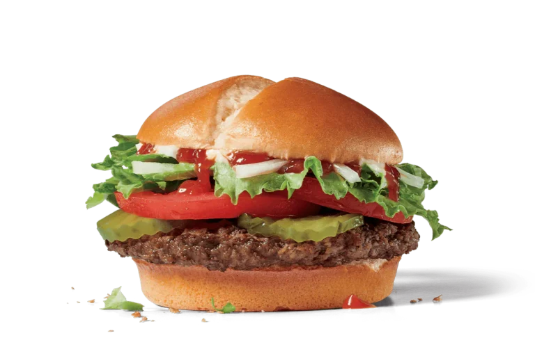 Image of a Classic Jumbo Jack Burger with a single beef patty, topped with slices of fresh tomato, crunchy lettuce, pickles, onions, and a smear of mayonnaise on a toasted bun.