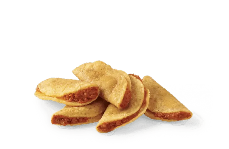A group of crispy tiny tacos filled with savory seasoned beef, encased in a golden corn shell, displayed against a light background.