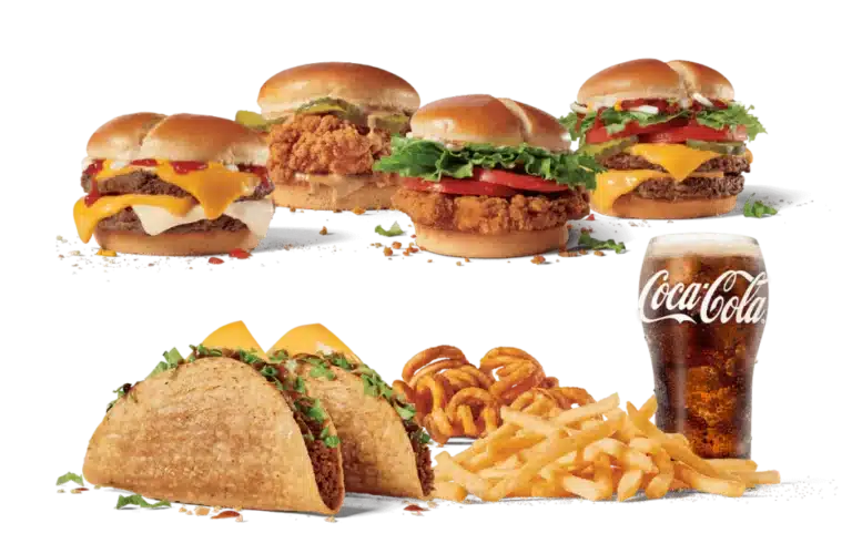 A selection of items from the "Build Your Own Munchie Meal" by Jack in the Box. The image features four delicious sandwiches, including classic beef cheeseburgers and crispy chicken sandwiches, each topped with lettuce, tomatoes, and cheese. Below are two crispy tacos, seasoned curly fries, and classic French fries. A refreshing Coca-Cola drink is included, making it a complete customizable meal.