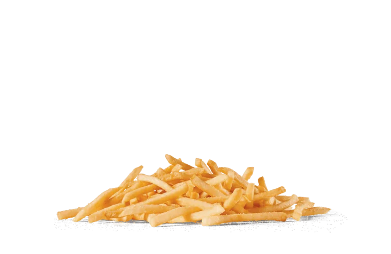 A heap of classic French fries scattered on transparent background. The fries are thin and golden with a crispy texture, slightly salted and freshly fried, inviting a bite.
