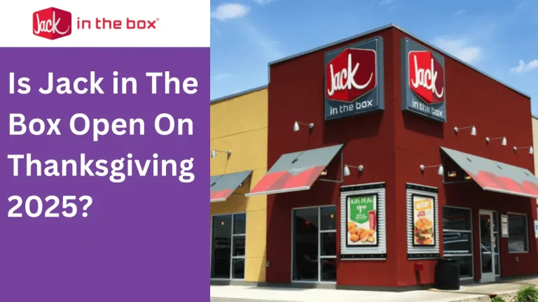A Jack in the Box restaurant with a purple banner asking 'Is Jack in The Box Open On Thanksgiving 2025?