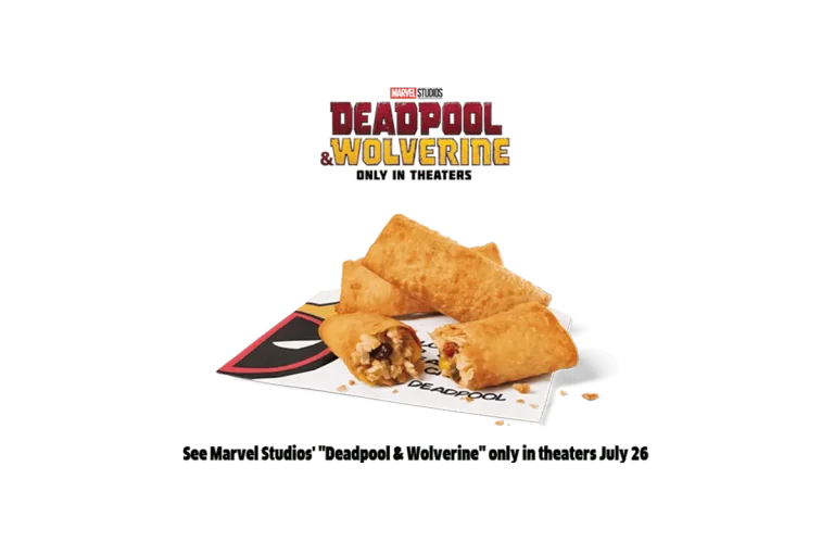 A promotional image featuring Jack in the Box's Mini Chimis, crispy fried mini chimichangas with a filling of chicken, beans, and spices, placed on Deadpool-themed packaging. The image includes branding for Marvel Studios' Deadpool & Wolverine, promoting the movie's release in theaters on July 26.
