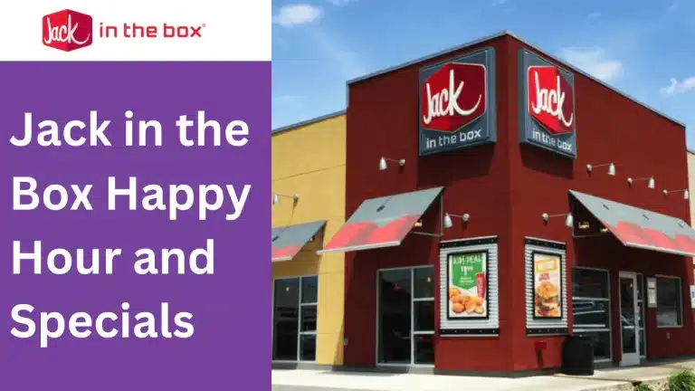 Exterior of a Jack in the Box restaurant with signage and promotional posters, alongside a banner advertising Jack in the Box Happy Hour and Specials.